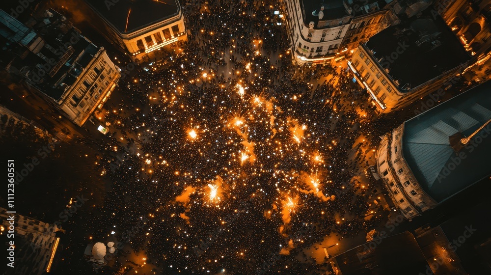 Naklejka premium Crowds Gathering at Night with Illuminated Sparklers Creating a Breathtaking Aerial View of a Festive Celebration in an Urban Setting