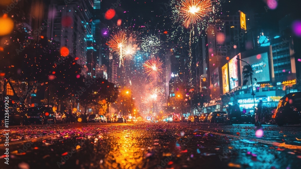 Stunning Night Scene of Urban Fireworks Display Over Bustling City Streets with Colorful Bokeh Effect and Vibrant Party Atmosphere Captured in Low Angle View Stunning Night Scene of Urban Fireworks Display Over Bustling City Streets with Colorful Bokeh Effect and Vibrant Party Atmosphere Captured in Low Angle View