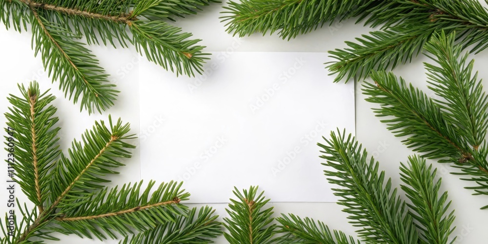 Obraz premium A Blank White Card Surrounded by Lush Evergreen Branches, Perfect for Festive Messages or Winter Greetings