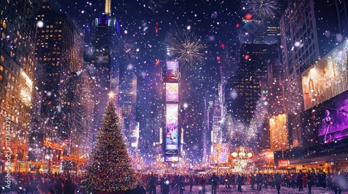 Vibrant Winter Scene in Times Square During Christmas with Snowfall, Colorful Lights, and Festive Decorations Capturing the Joyous Holiday Spirit