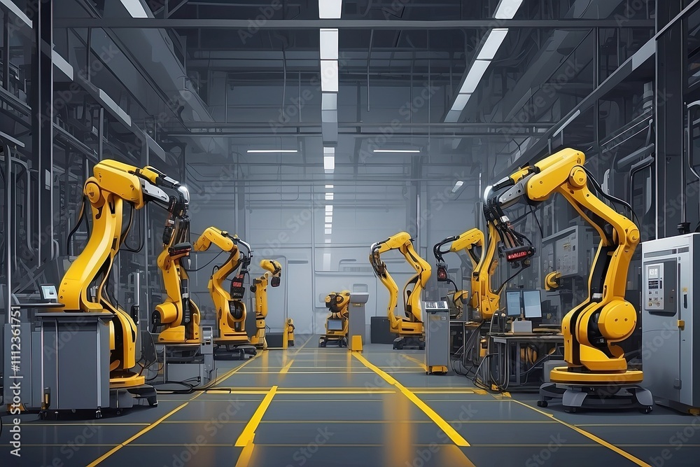In a smart, autonomous factory, industrial robots operate independently. post-produced illustration of generati In a smart, autonomous factory, industrial robots operate independently. post-produced illustration of generati