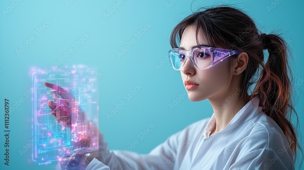 Female Engineer Analyzing Data with Transparent Display Female Engineer Analyzing Data with Transparent Display