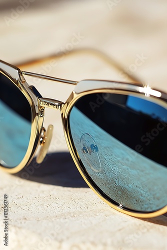 Classic designer sunglasses with gold accents and mirrored lenses, high-quality product photography, neutral background, soft natural lighting, sharp details, no distractions photo