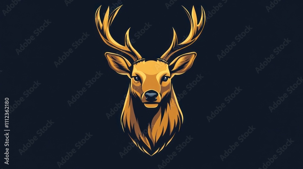 Fototapeta premium A stylized golden deer head with antlers on a dark background.