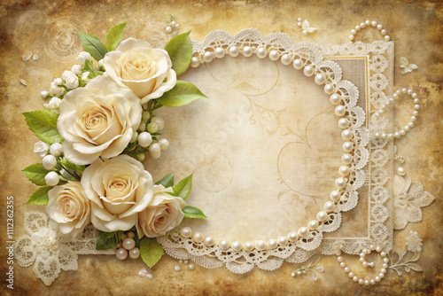 Vintage Victorian style floral frames with white and beige roses.Festive vintage textured background perfect for wedding invitations,anniversaries,celebrations to add romantic elegance to your designs