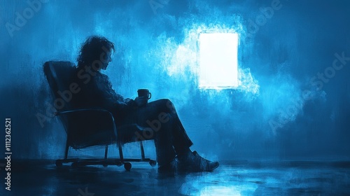 A solitary figure sits in a dim room, holding a cup, gazing at a bright window.