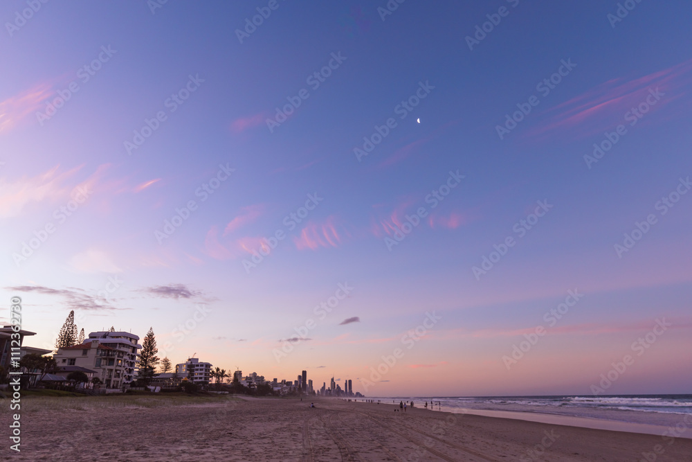 Tranquil beach afternoon with view of the Gold Coast city skyline Tranquil beach afternoon with view of the Gold Coast city skyline