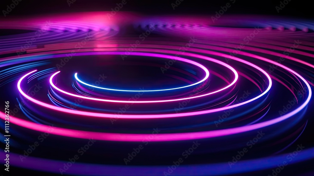 Fototapeta premium Colorful neon light patterns on a dark background, creating vibrant circular waves.