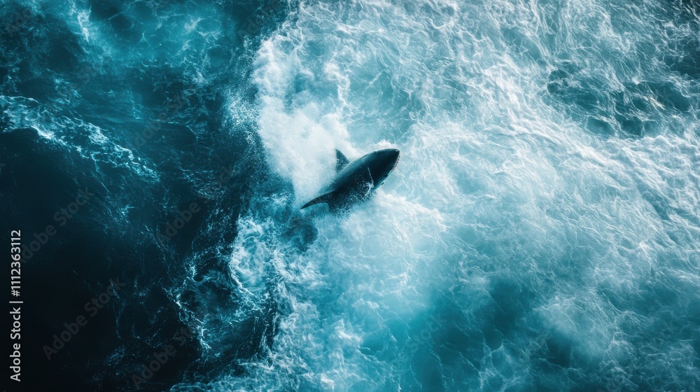 Majestic Shark Swimming Through Turbulent Ocean Waters Surrounded by Dramatic Foamy Waves Captured from Above on a Bright, Sunny Day Majestic Shark Swimming Through Turbulent Ocean Waters Surrounded by Dramatic Foamy Waves Captured from Above on a Bright, Sunny Day