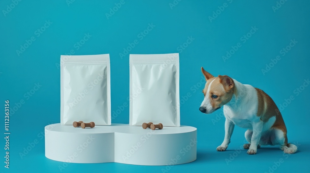 Small dog examines dual white treat packages. Small dog examines dual white treat packages.