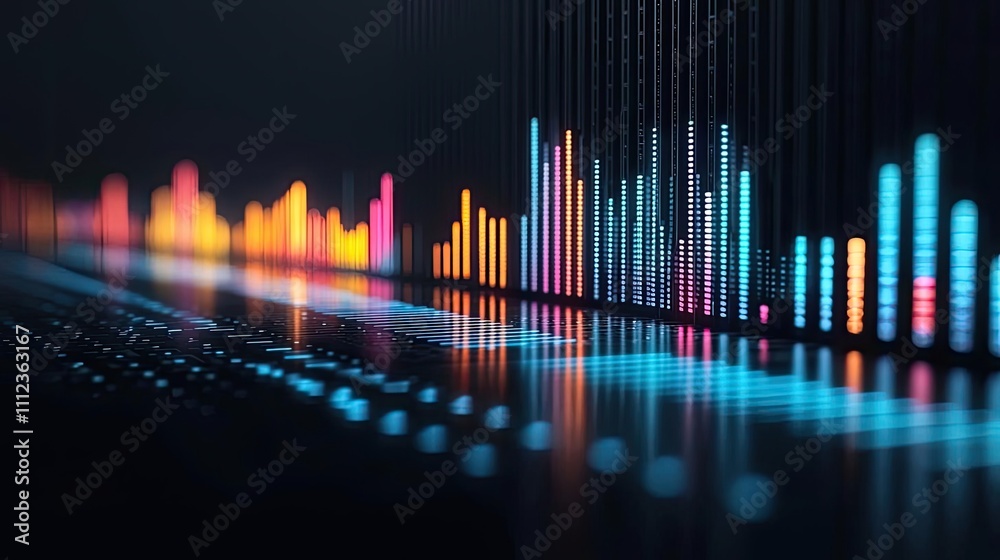 Vibrant sound wave visualization with bright color bars on dark background. Vibrant sound wave visualization with bright color bars on dark background.