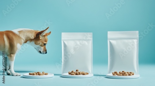 Chihuahua sniffs treats on round stands beside bags photo