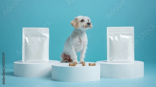 Small dog with treats on white platforms nearby photo