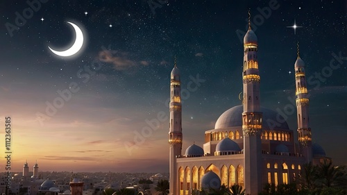 Mosque Dome Scescent Moon Star Sky Night Israa Mecca Mohammed Ramadan Isra Sheikh Ramadan Grand Uae Arab Islamic Emirates Architecture Mubarak Zayed Kareem Greeting Abu Eid Uae Masjid Ramadhan. photo