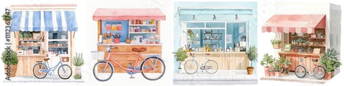 Isolated watercolor illustration of a bike shop on a transparent PNG file, great for creating art, posters, cards, and holiday decor. photo