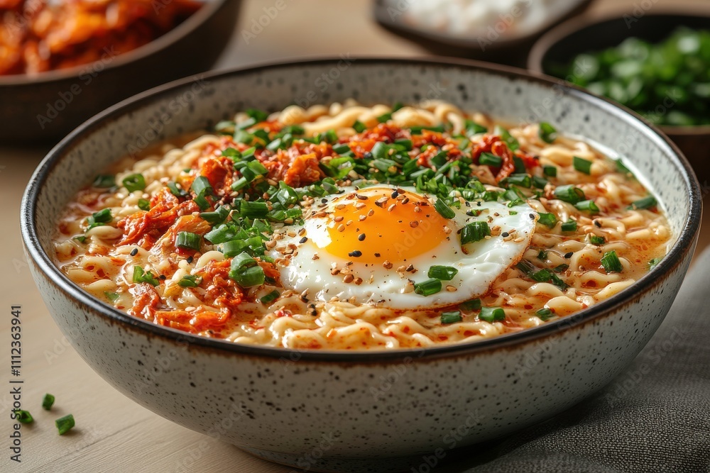 A bowl of ramen topped with a fried egg and green onions, garnished for a delicious meal. A bowl of ramen topped with a fried egg and green onions, garnished for a delicious meal.