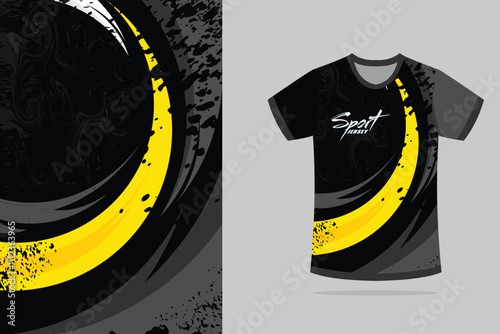 Sport jersey template mockup curve grunge design for football soccer, racing, running, e sports, dark grey and yellow color	