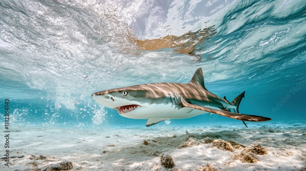 Fototapeta premium Majestic Underwater Encounter with a Shark Swimming Gracefully in Crystal Clear Ocean Waters Over Sandy Seabed, Highlighting Marine Life and Nature's Beauty