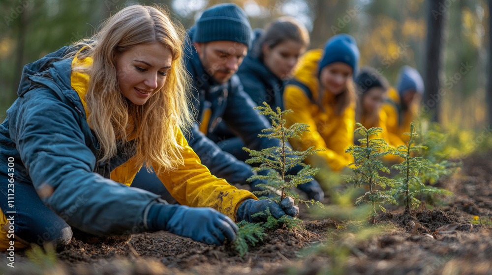 Groups of volunteers work together to plant young trees in a forested area, promoting environmental sustainability during a sunny autumn day Groups of volunteers work together to plant young trees in a forested area, promoting environmental sustainability during a sunny autumn day