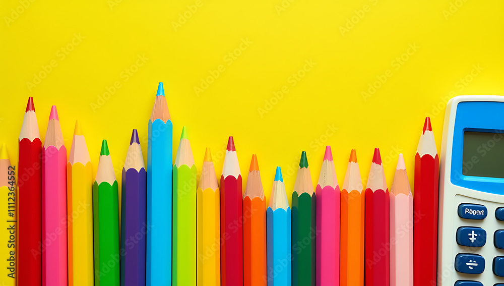 A rainbow of colorful school supplies like pencils, calculators, and paper clips are neatly arranged on a bright sunny yellow background_00001_ A rainbow of colorful school supplies like pencils, calculators, and paper clips are neatly arranged on a bright sunny yellow background_00001_