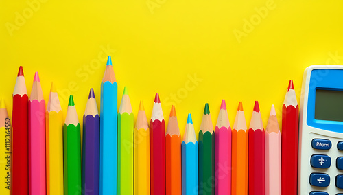 A rainbow of colorful school supplies like pencils, calculators, and paper clips are neatly arranged on a bright sunny yellow background_00001_