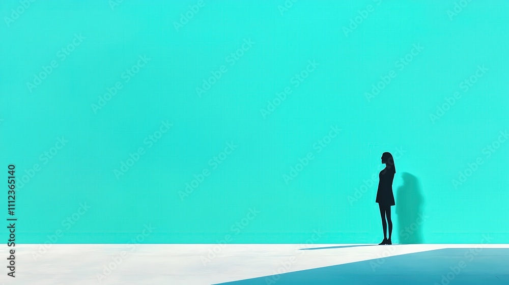 A woman stands in front of a blue wall A woman stands in front of a blue wall