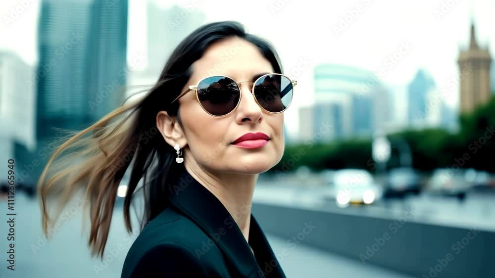 Medium close-up of a stylish woman with long brown hair, wearing sunglasses and a black blazer, with a city street in the background Medium close-up of a stylish woman with long brown hair, wearing sunglasses and a black blazer, with a city street in the background