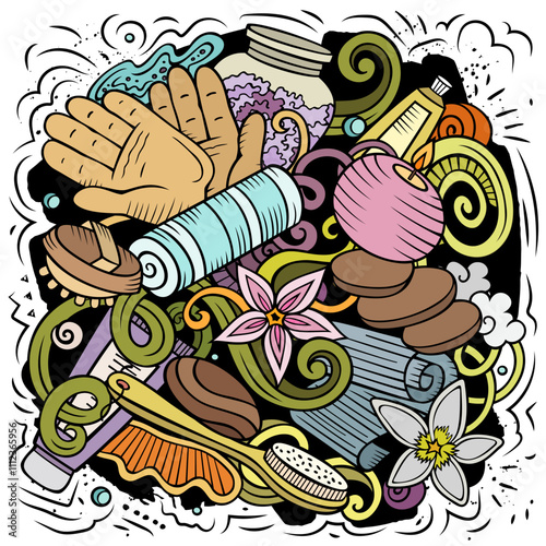 Massage hand drawn vector doodles illustration. Spa salon poster design.