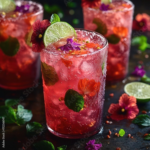 A thirst quencher; a cold glass of agua fresca with bright hibiscus flowers and a slice of lime photo