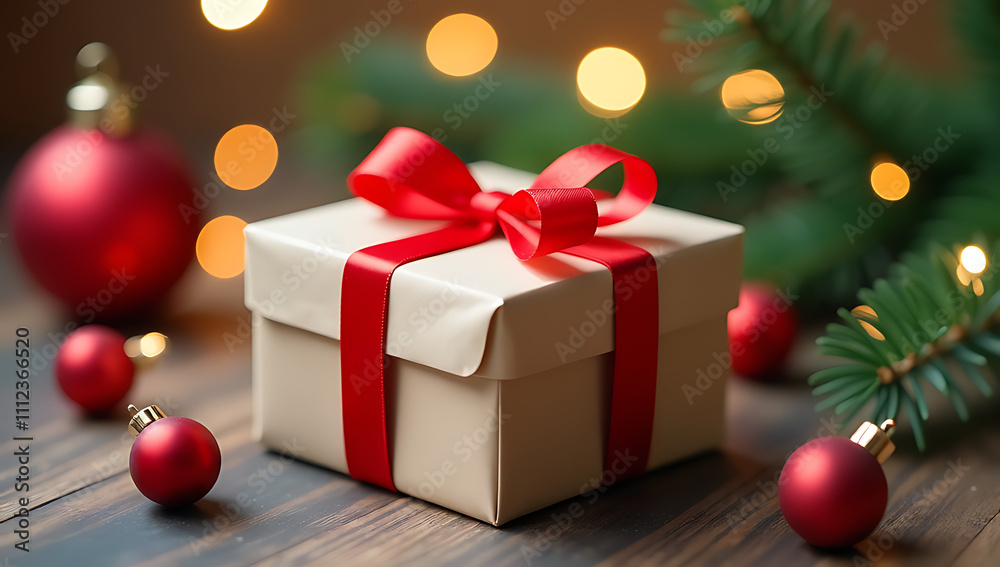 A neatly wrapped Christmas gift with red ribbon sits among festive decorations and pine branches, evoking a cheerful holiday atmosphere._00001_ A neatly wrapped Christmas gift with red ribbon sits among festive decorations and pine branches, evoking a cheerful holiday atmosphere._00001_