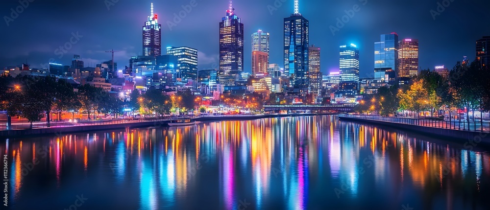 Obraz premium Stunning Night View of Melbourne Skyline with Illuminated Buildings Reflected on the Yarra River, Showcasing Urban Beauty and Vibrant City Life in Australia