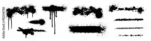 Diverse grunge graphic set, distressed aesthetic set Vector spray graffiti stencil, brushstroke, ink callouts for text paint and splashes. Lines with grainy, dust, spray effect. Street art
