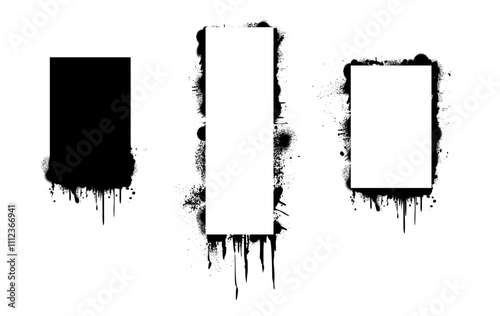 Spray paint, geometric shaped borders in grunge style. Vector graffiti art design. Frames in form of rectangle with flowing blobs and splatters spots. Frameworks with leaking ink and splashes