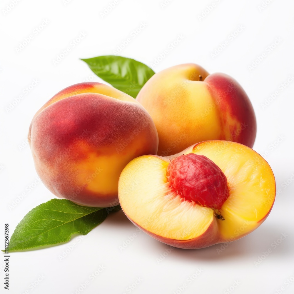 Two whole peaches and a halved peach with leaves on white background. Two whole peaches and a halved peach with leaves on white background.