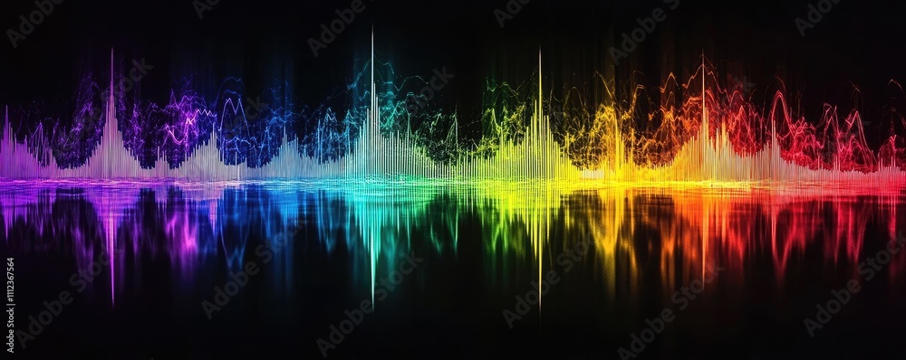 Obraz premium Colorful sound wave graphic with reflection on a black background.