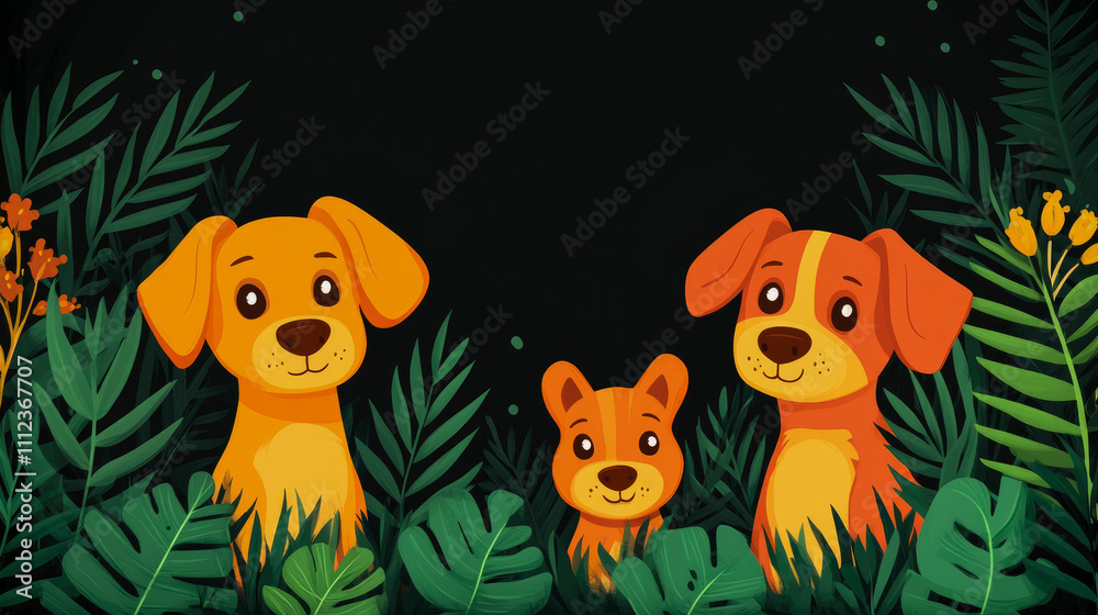 Naklejka premium Three adorable cartoon dogs and a small tiger cub peek out from vibrant green plants in a lively jungle setting