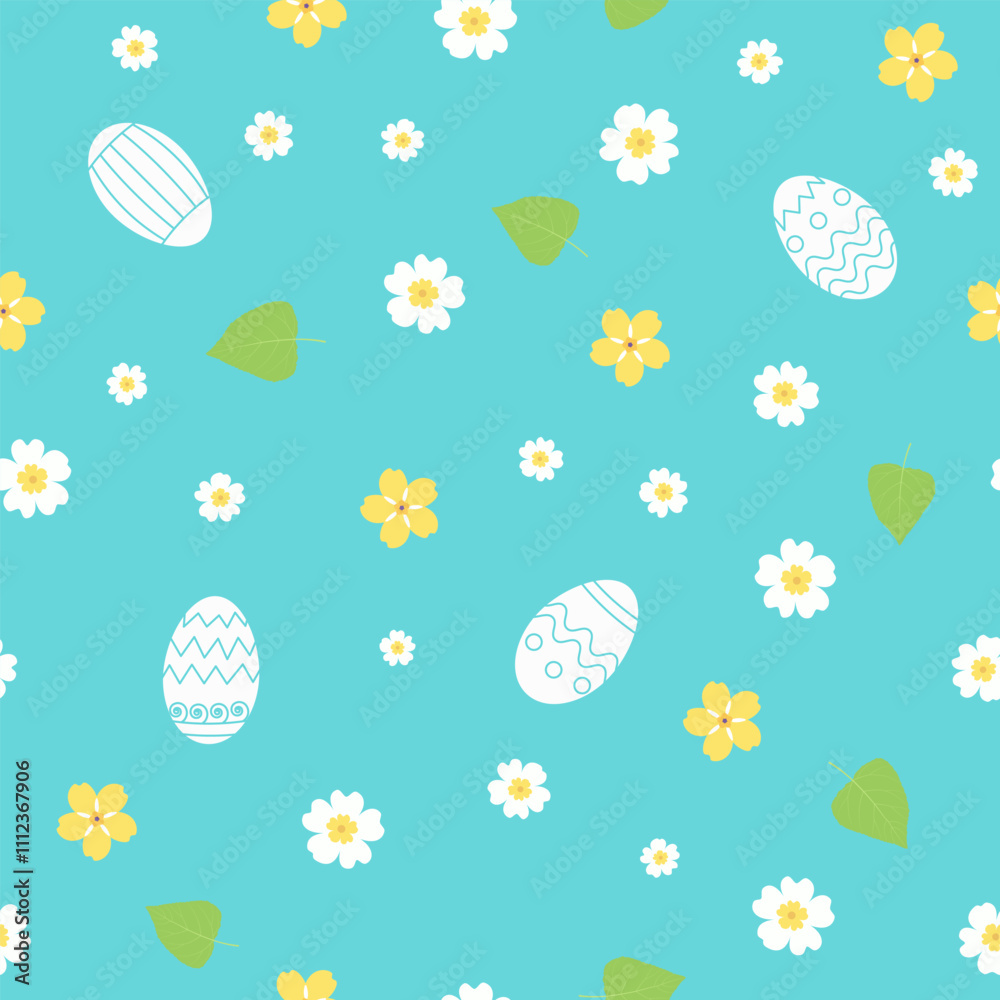 Easter eggs, flowers and leaves isolated on a blue background. Seamless pattern in flat style. Festive background for paper, gift wrap, textile, card, wallpaper. Easter eggs, flowers and leaves isolated on a blue background. Seamless pattern in flat style. Festive background for paper, gift wrap, textile, card, wallpaper.