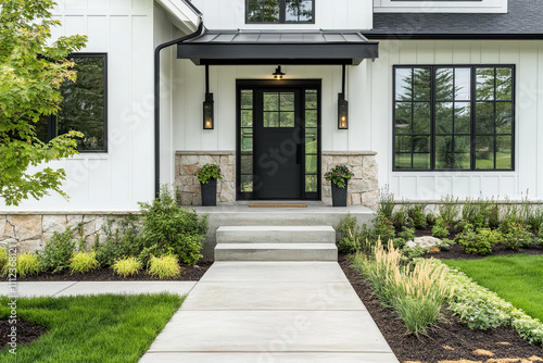 A modern farmhouse front door, with a white exterior and stone accents, framed by black trim and large windows on the left side of an entrance walkway leading to steps up into lush green landscaping. 