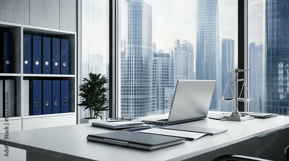 Office background,desk,computer,chair in front of window overlooking city skyline,copy space