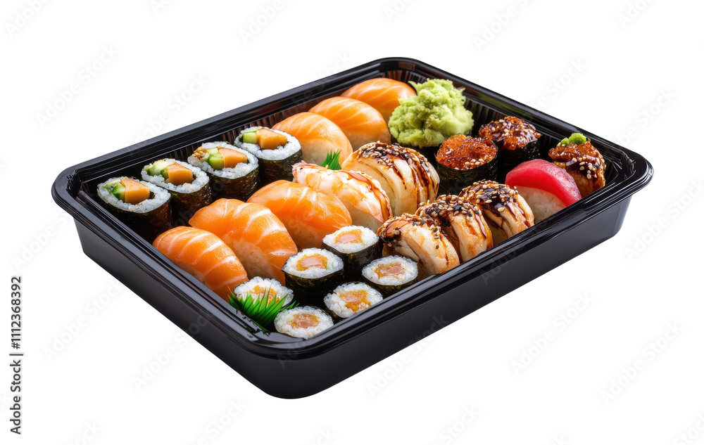 Assorted sushi platter with nigiri, rolls, and wasabi in black container Assorted sushi platter with nigiri, rolls, and wasabi in black container