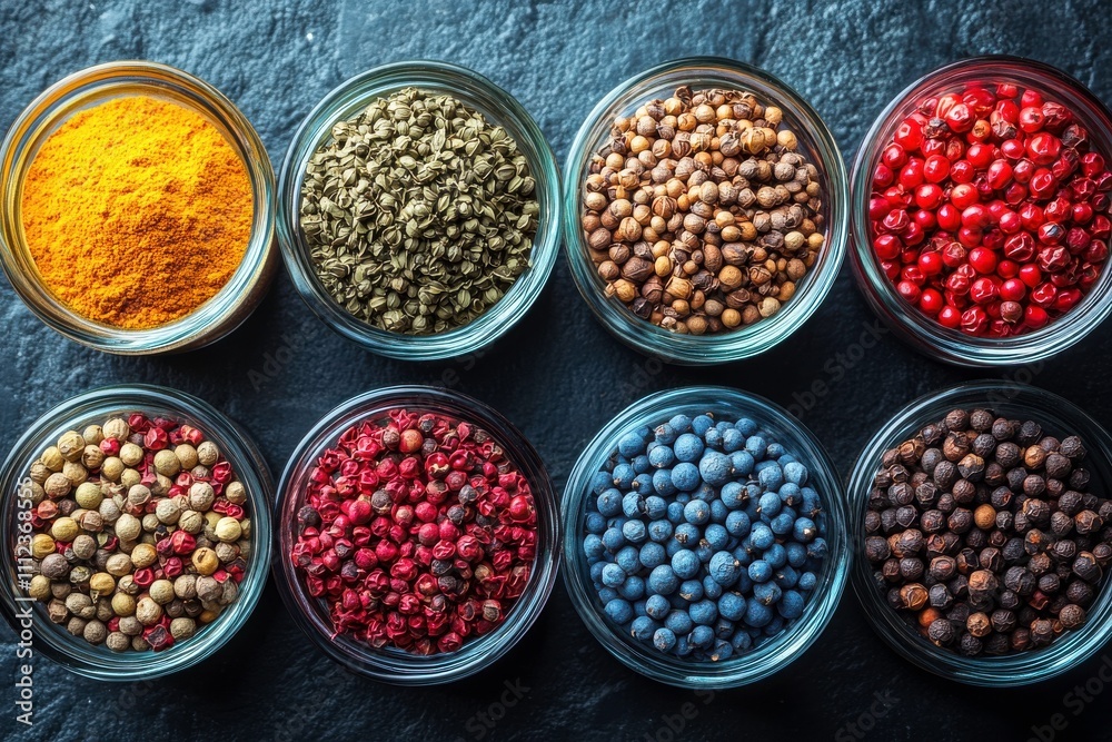 A variety of spices and seeds in glass jars arranged on a dark surface.