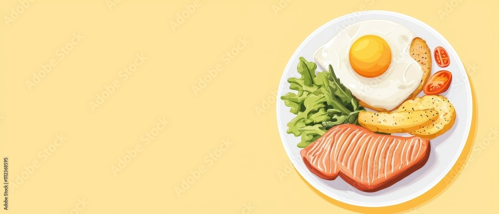 A colorful plate featuring a fried egg, grilled salmon, lettuce, and banana, presented on a bright yellow background. A colorful plate featuring a fried egg, grilled salmon, lettuce, and banana, presented on a bright yellow background.