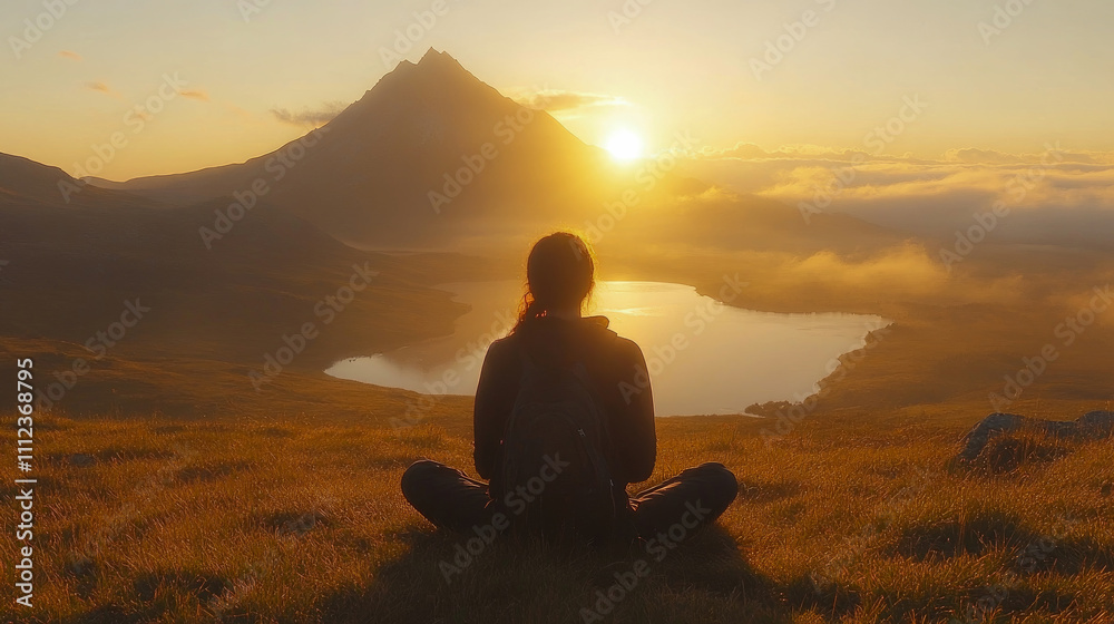 A person enjoys a peaceful moment meditating while watching the sunrise over a serene lake and majestic mountain in New Zealand A person enjoys a peaceful moment meditating while watching the sunrise over a serene lake and majestic mountain in New Zealand