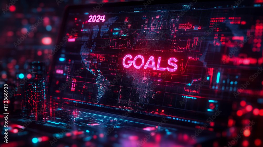 A futuristic laptop showcases bright neon text stating goals for 2024, set against a high-tech digital background featuring a world map A futuristic laptop showcases bright neon text stating goals for 2024, set against a high-tech digital background featuring a world map