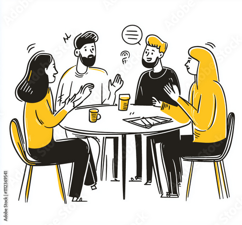 Group discussion at a round table with beverages in a casual setting