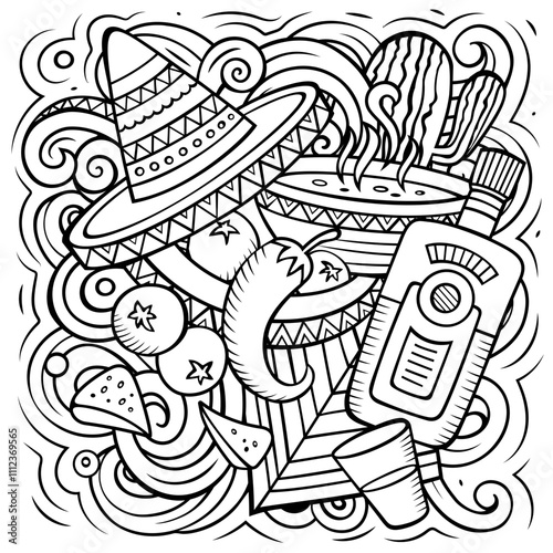 Mexican food hand-drawn vector doodles illustration. Cuisine poster design. Mexica Menu elements and objects cartoon background