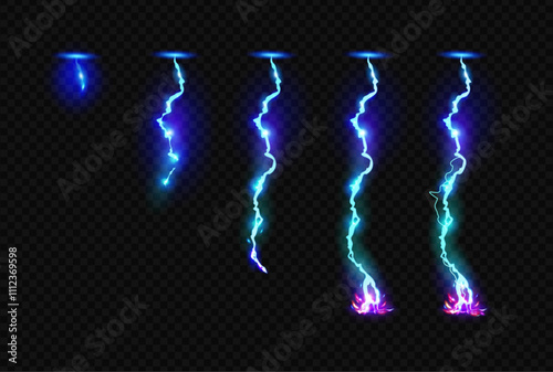 Neon thunderbolts animation. Vector isolated set of realistic thunders and lightnings. Powerful electrical discharge energy for weather change. Flash of light in darkness, movement and dynamism