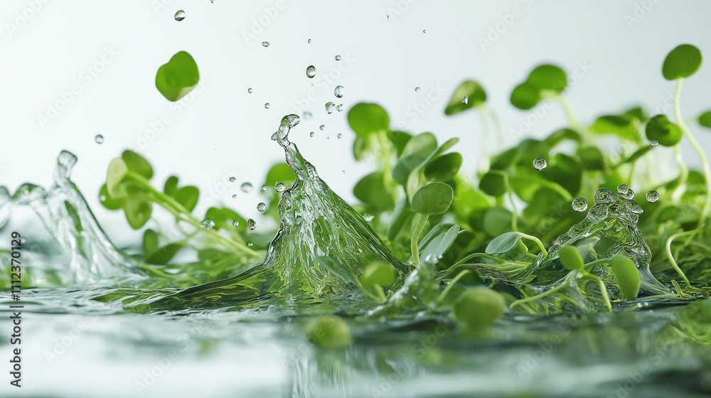 Watercress Splashing into Clear Water Scene