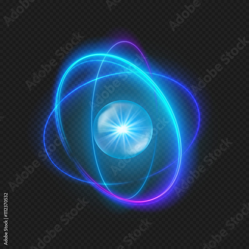 Atom electrons tech science, shining neon light effect. Vector atomic neutron and physics. Proton core symbol, cell nucleus. Isolated electrons transition between energy levels and Ion elements