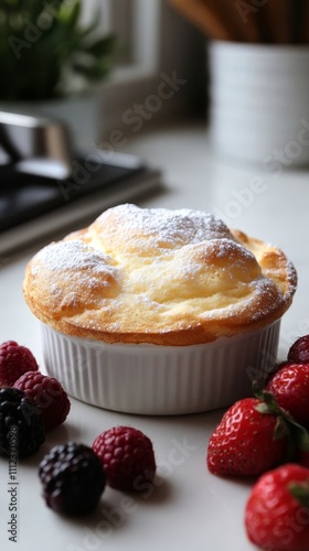 Fluffy dessert souffle with berries.